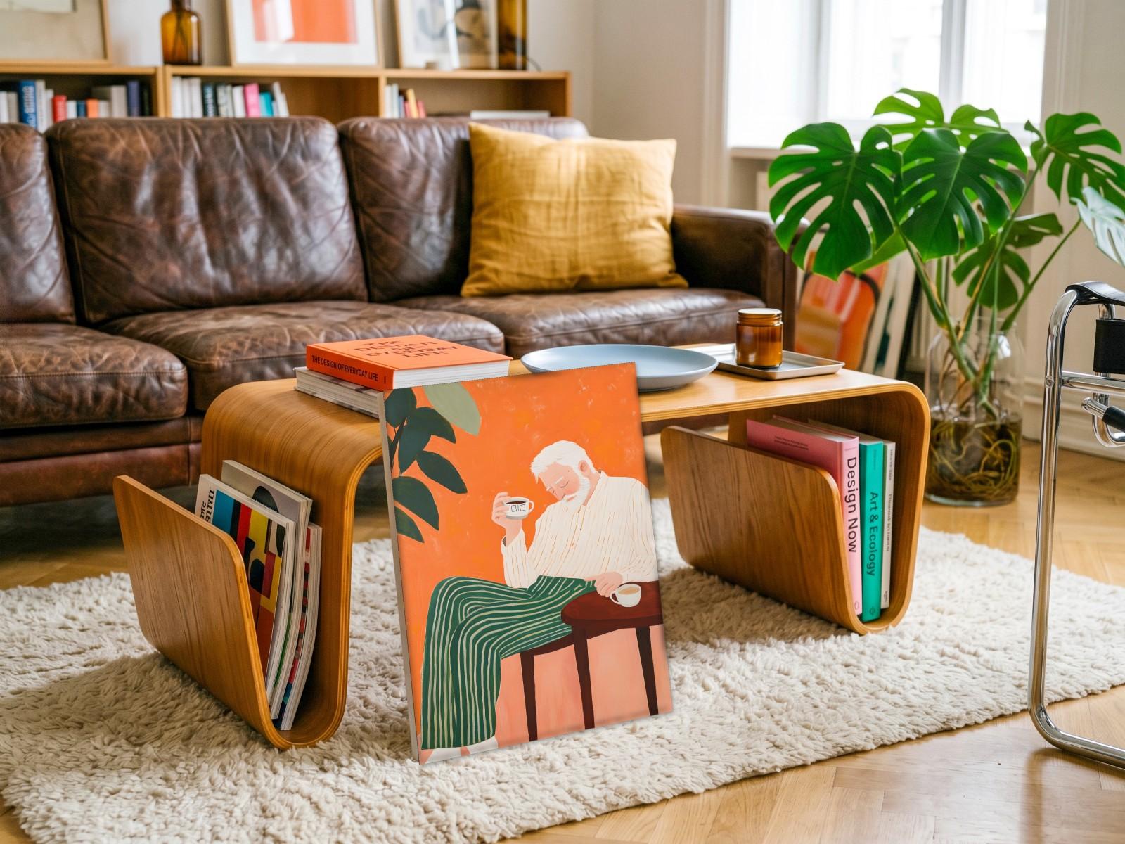 CAS1671-1 Man met Koffie in Oranje Interieur, Mensen & Portretten schilderij aan de muur in interieur