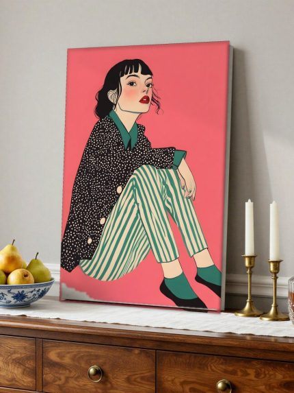 Elegante zit in polkadot en strepen, Mensen & Portretten schilderij aan de muur in interieur