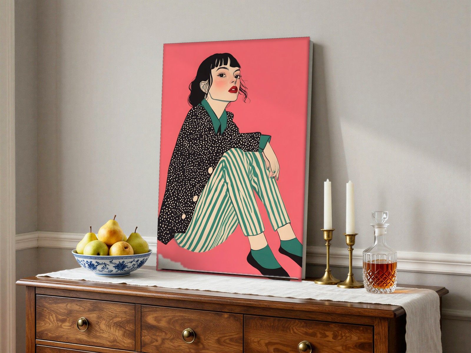 CAS1673-1 Elegante zit in polkadot en strepen, Mensen & Portretten schilderij aan de muur in interieur