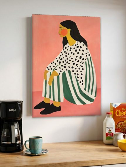Zittende vrouw in gestreepte jurk, Mensen & Portretten schilderij aan de muur in interieur