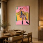 Vrouw met luipaardjas op de bank, Mensen & Portretten schilderij aan de muur in interieur