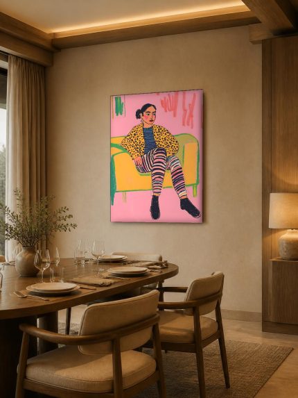 Vrouw met luipaardjas op de bank, Mensen & Portretten schilderij aan de muur in interieur