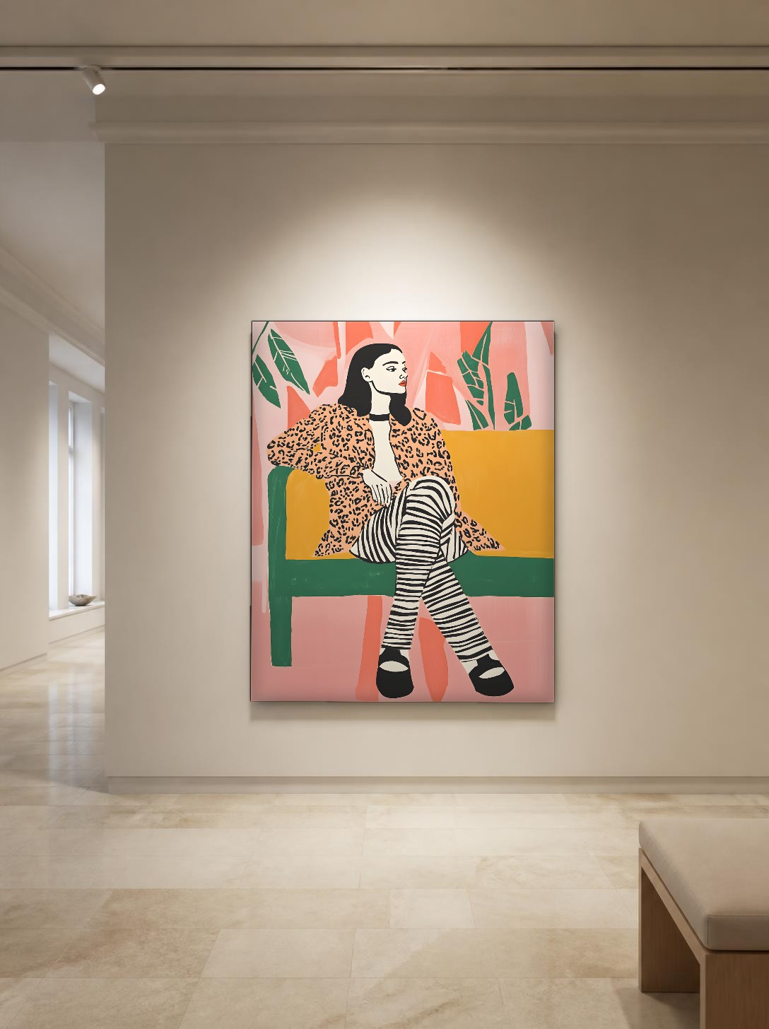 CAS1680-1 Vrouw in luipaardjas op groene bank, Mensen & Portretten schilderij aan de muur in interieur