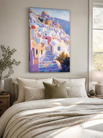 Pastelkleurig Dorp aan de Kust, Natuur & Landschap schilderij aan de muur in interieur