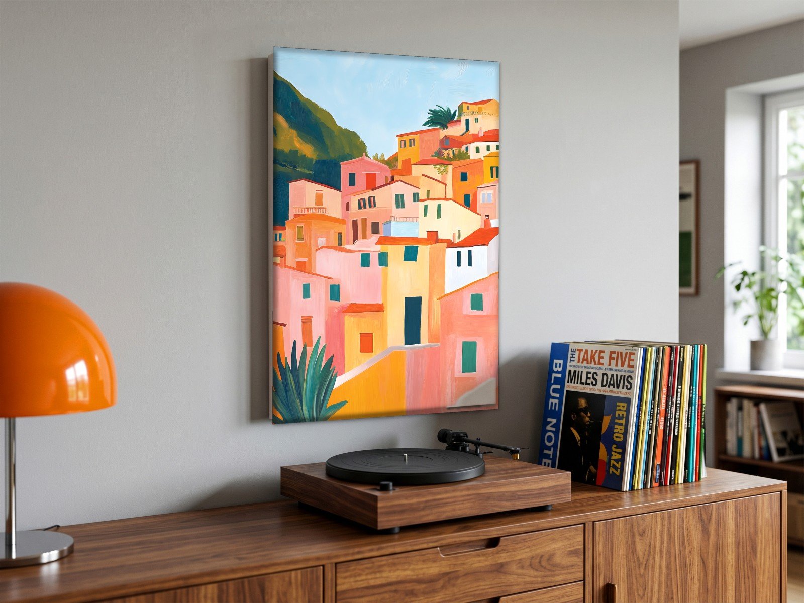 CAS1721-1 Kleurrijk Dorp op de Heuvel, Steden & Skylines schilderij aan de muur in interieur
