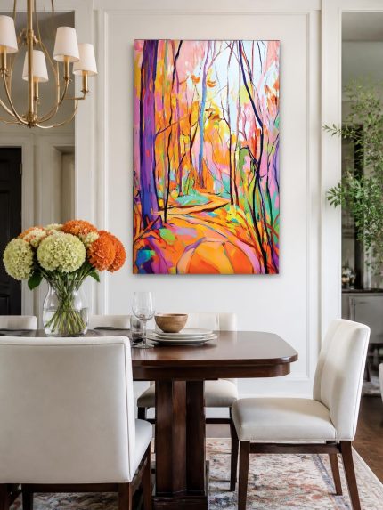 Kleurrijk Bospad in de Herfst, Natuur & Landschap schilderij aan de muur in interieur