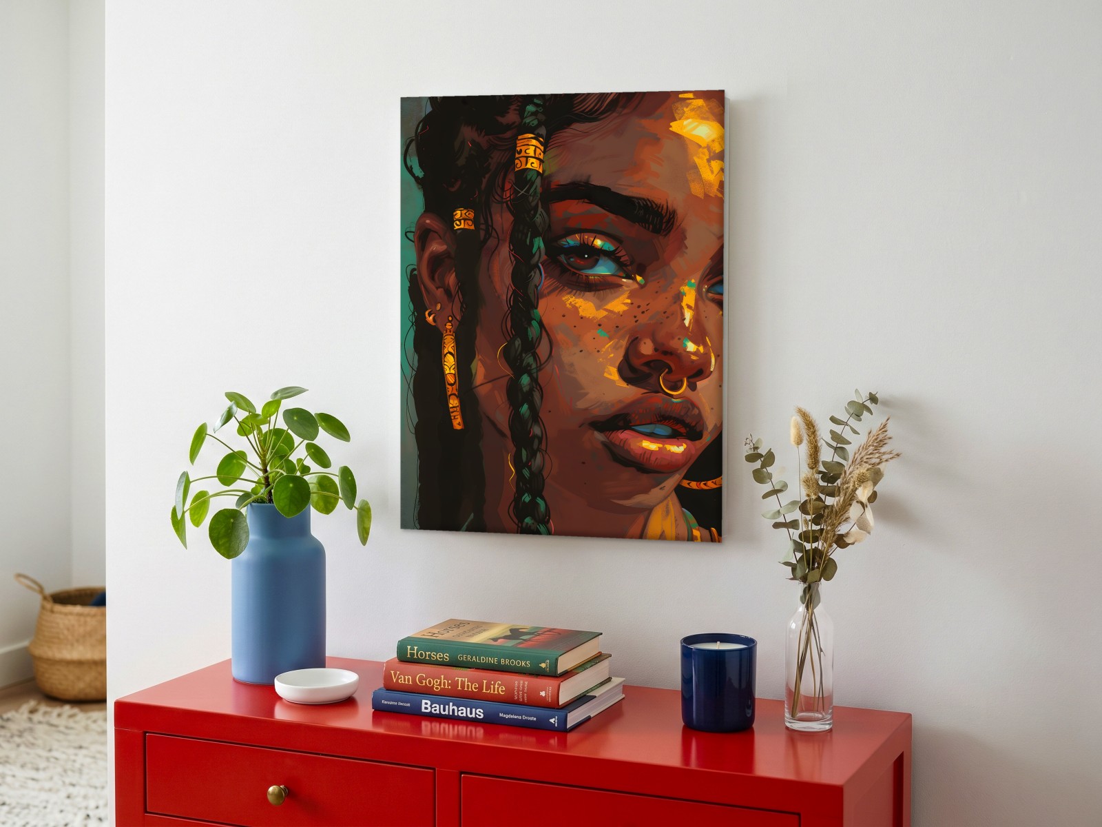 CAS1775-1 Vrouw in Goud en Turquoise, Mensen & Portretten schilderij aan de muur in interieur