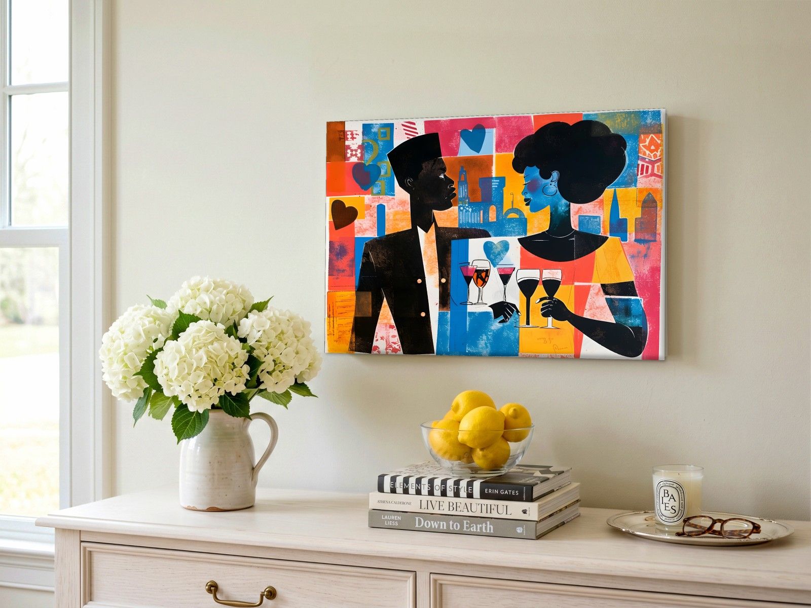 CAS1776-1 Toost tussen twee silhouetten, Mensen & Portretten schilderij aan de muur in interieur