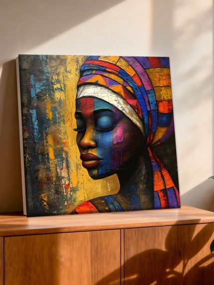 Vrouw met Kleurrijke Tulband, Mensen & Portretten schilderij aan de muur in interieur