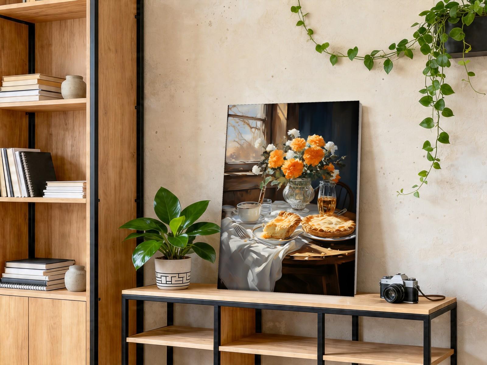 CAS1785-1 Appeltaart bij het venster, Bloemen & Stilleven schilderij aan de muur in interieur