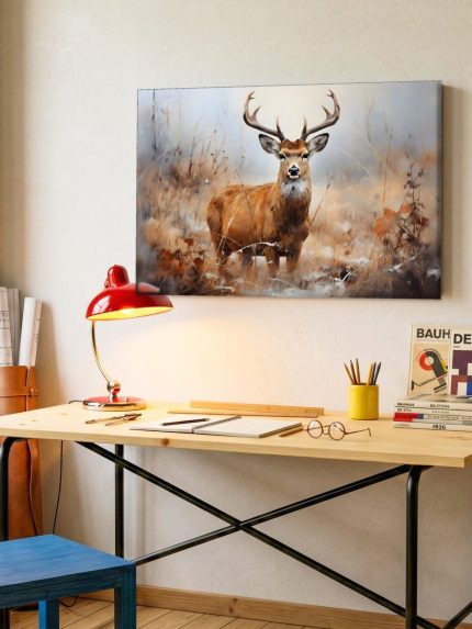 Hert in wintergras, Dieren schilderij aan de muur in interieur