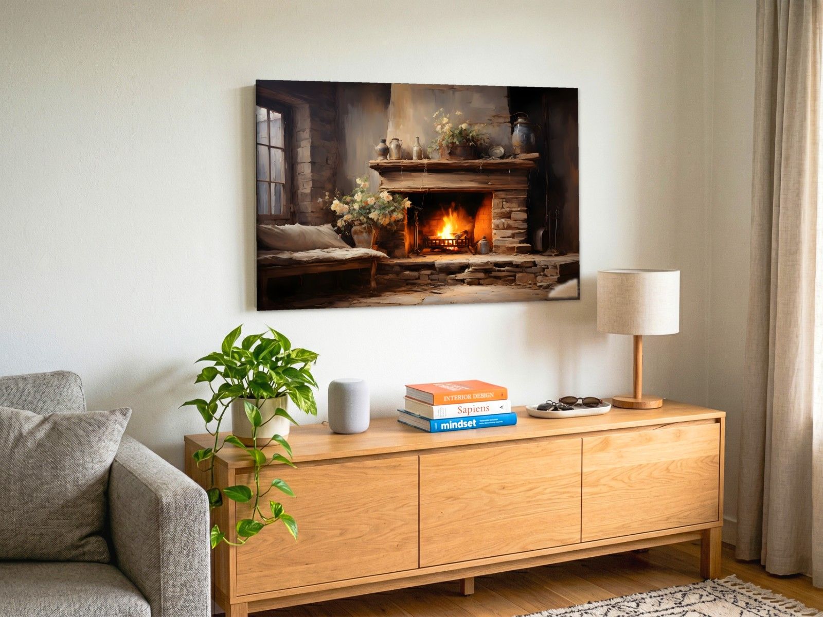 CAS1801-1 Warmte bij de Open Haard, Bloemen & Stilleven schilderij aan de muur in interieur