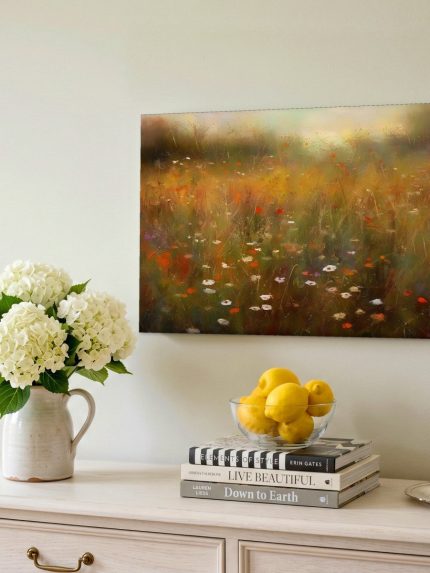 Weelderige Veldbloemenweide, Bloemen & Stilleven schilderij aan de muur in interieur