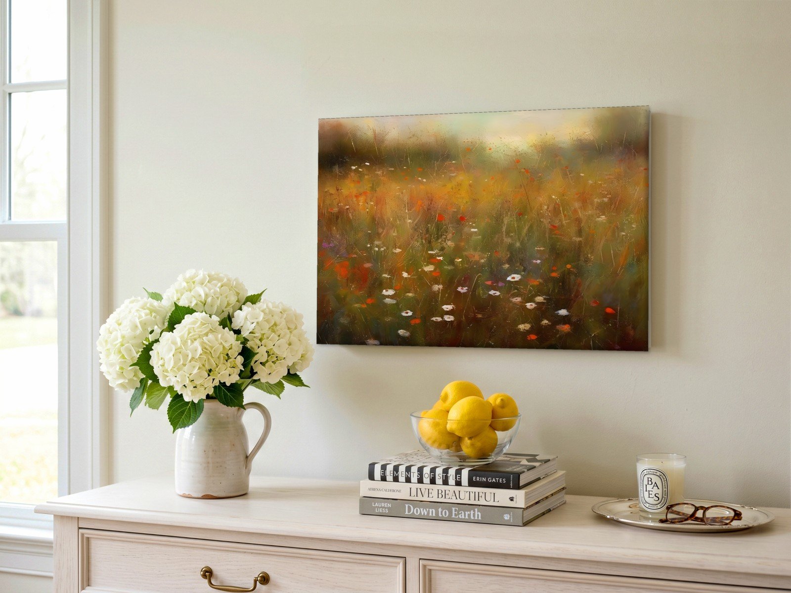CAS1806-1 Weelderige Veldbloemenweide, Bloemen & Stilleven schilderij aan de muur in interieur