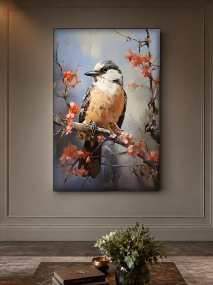 Vogel op Bloesemtak, Dieren schilderij aan de muur in interieur
