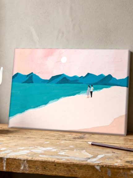 Samen aan de Kust bij Zonsondergang, Natuur & Landschap schilderij aan de muur in interieur