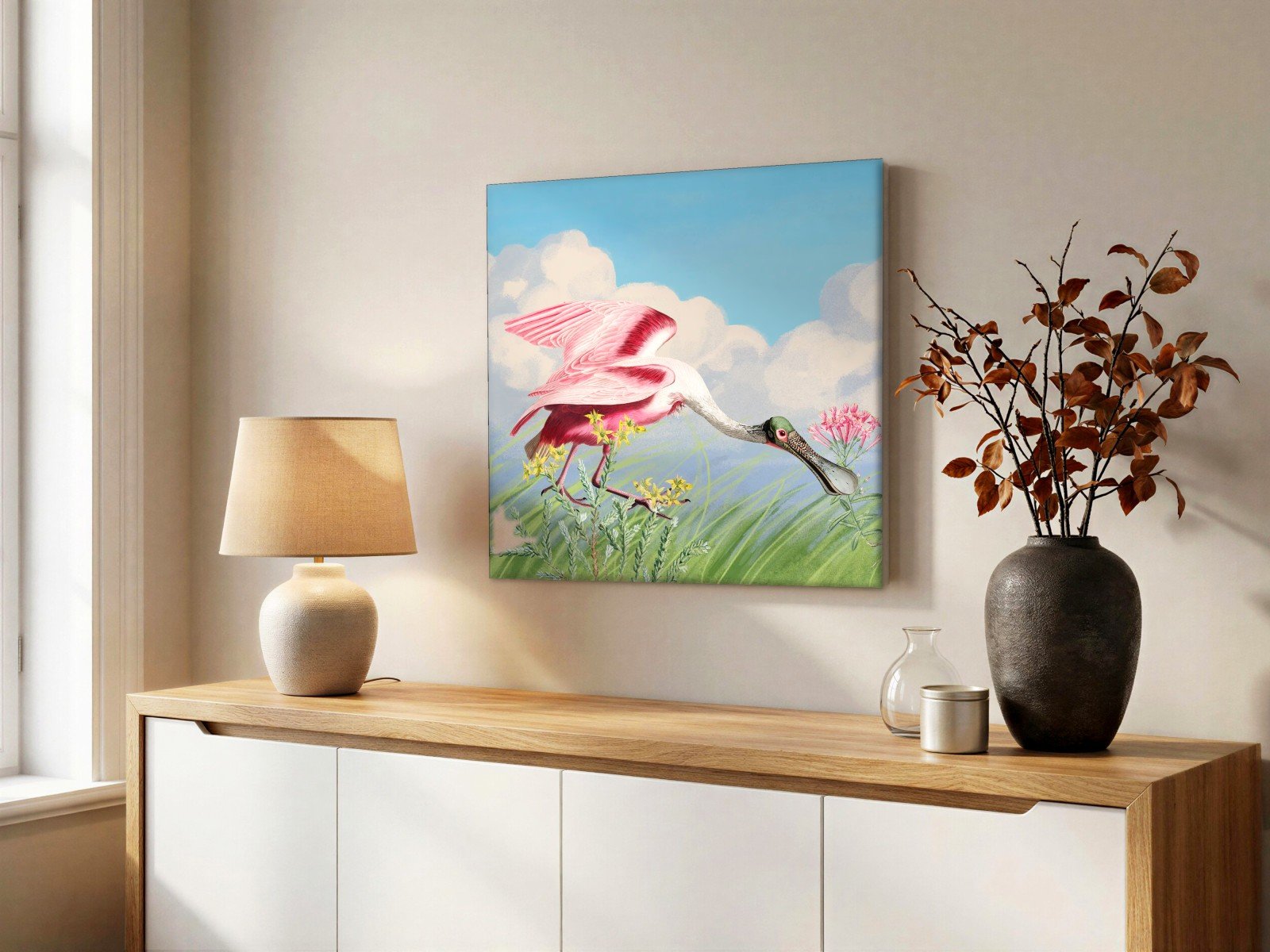 CAS1850-1 Rode Lepelaar in Bloei, Dieren schilderij aan de muur in interieur
