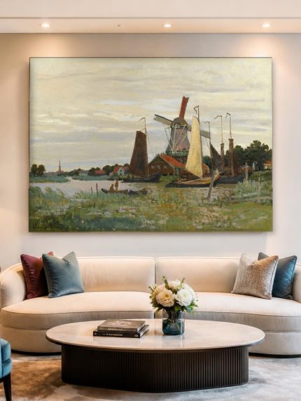 Molen bij Zaandam (naar Monet), Natuur & Landschap schilderij aan de muur in interieur