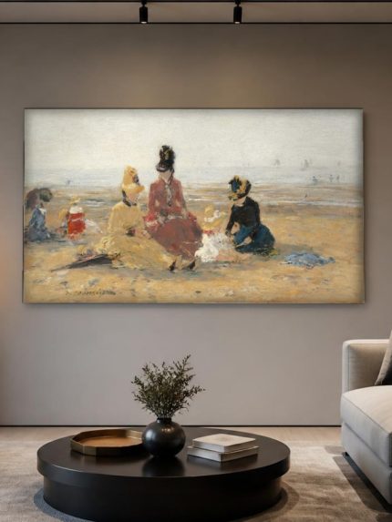 Dames op het Strand (naar Boudin), Natuur & Landschap schilderij aan de muur in interieur