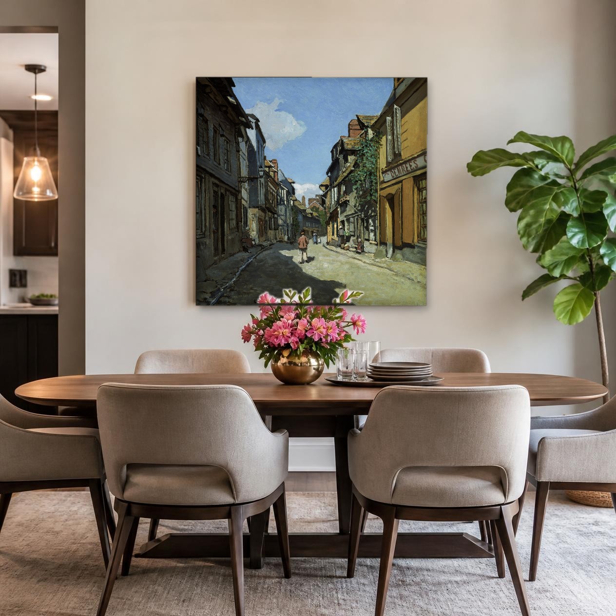 CAS1905-1 Straatgezicht in Honfleur (naar Monet), Steden & Skylines schilderij aan de muur in interieur