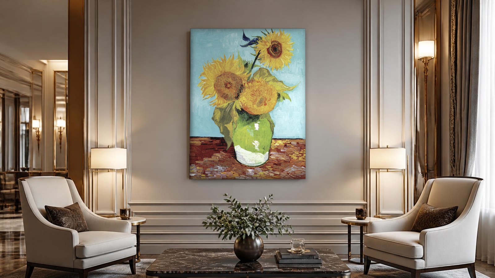 CAS1914-1 Zonnebloemen in Groene Vaas (naar Van Gogh), Bloemen & Stilleven schilderij aan de muur in interieur