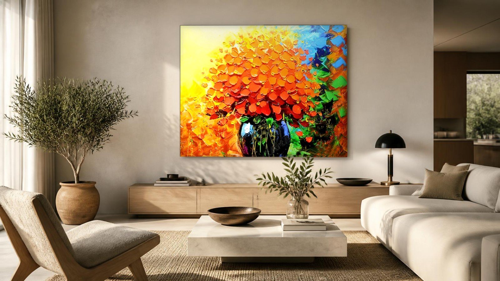 CAS1940-1 Vurig Boeket in Vaas, Bloemen & Stilleven schilderij aan de muur in interieur