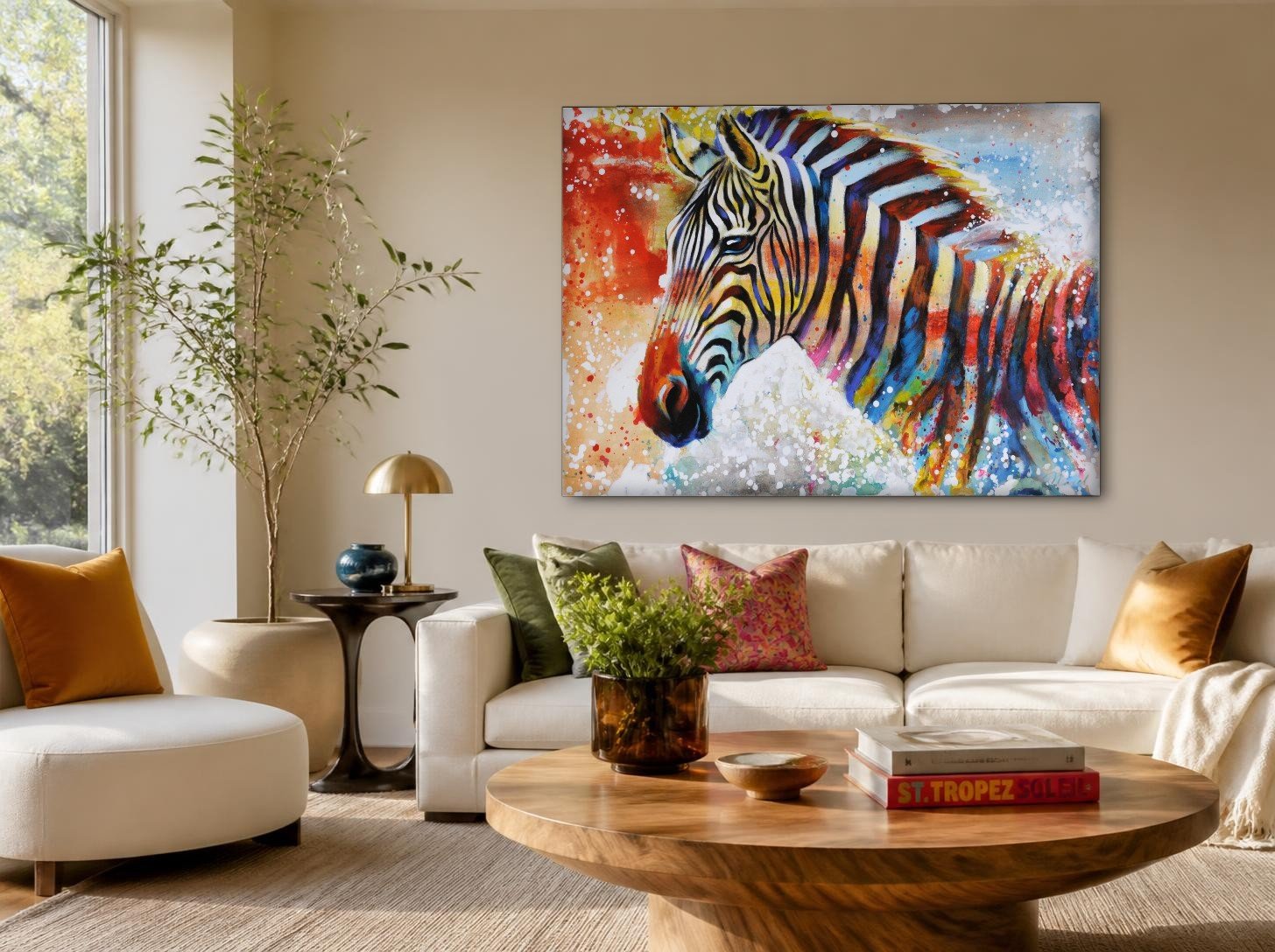 CAS1963-1 Zebra in kleurexplosie, Dieren schilderij aan de muur in interieur