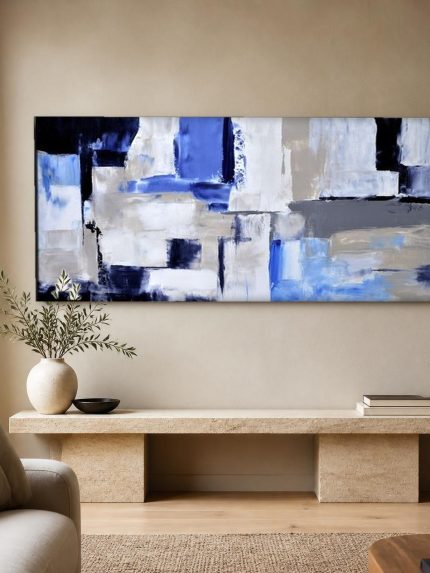 Blauwgrijze Kleurvlakken, Abstract & Modern schilderij aan de muur in interieur