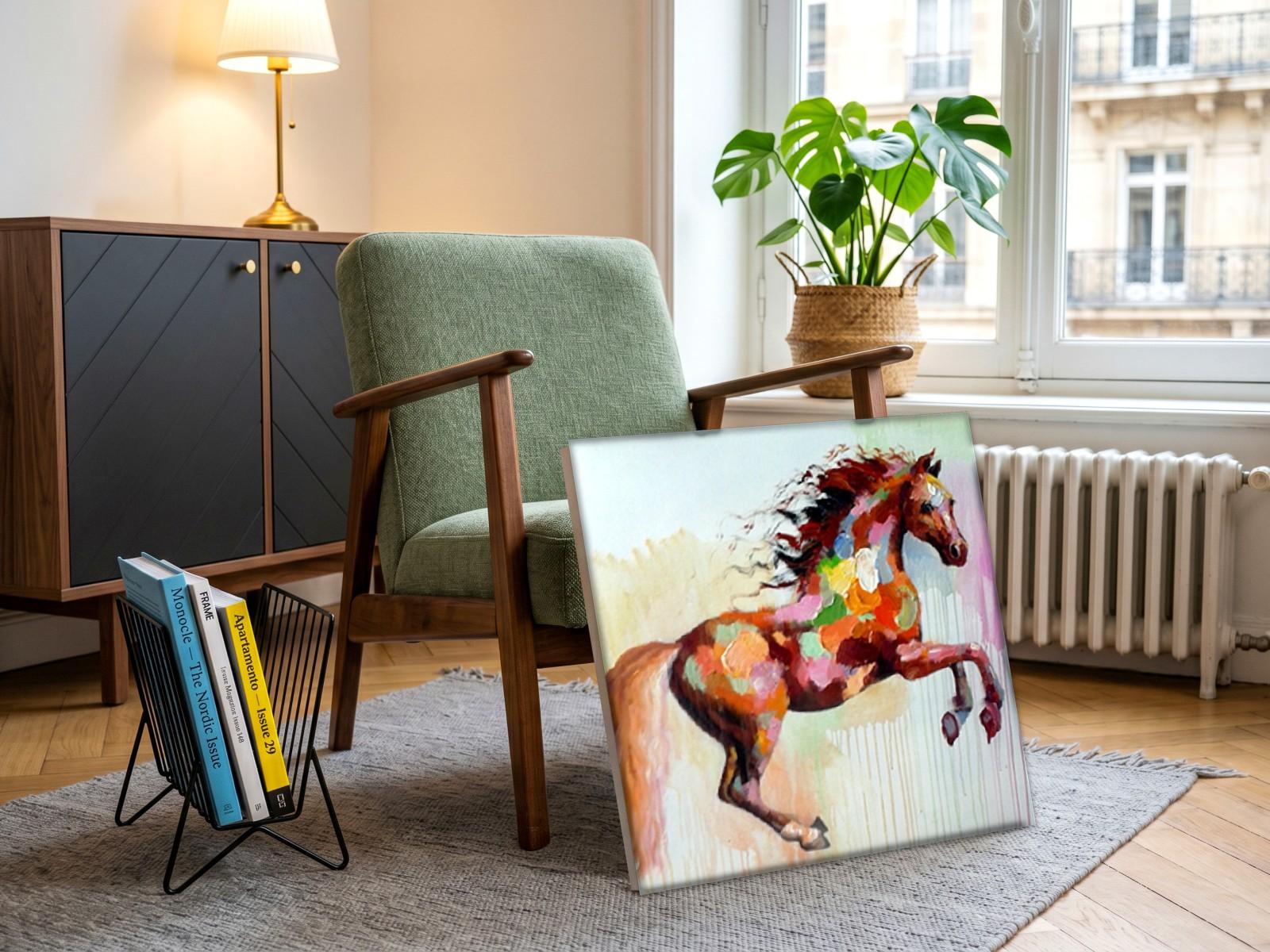 CAS1977-1 Springend paard in kleurexplosie, Dieren schilderij aan de muur in interieur