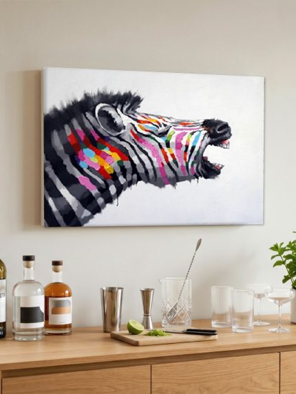 Brullende Zebra in Regenboogkleuren, Dieren schilderij aan de muur in interieur