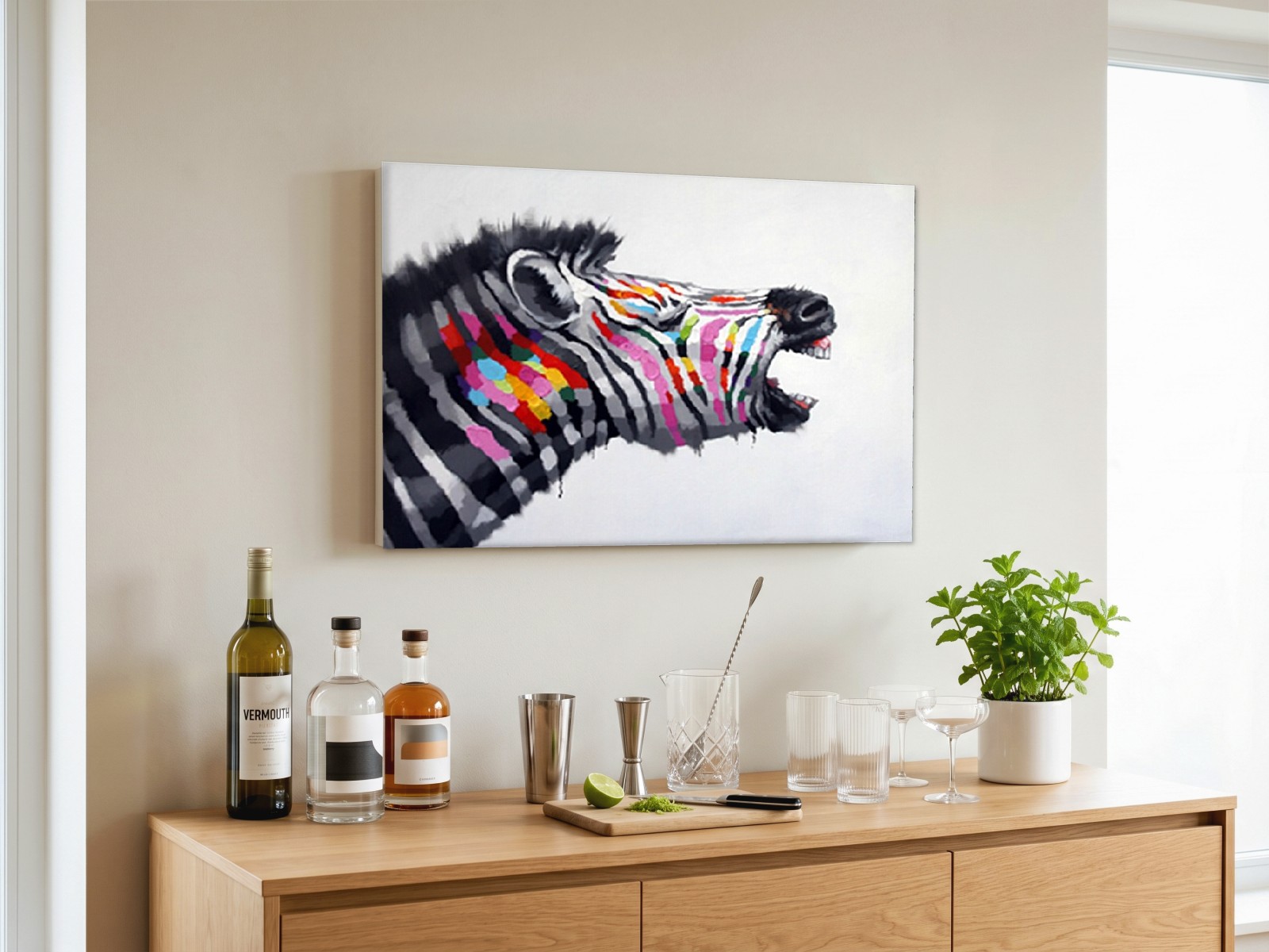 CAS1978-1 Brullende Zebra in Regenboogkleuren, Dieren schilderij aan de muur in interieur