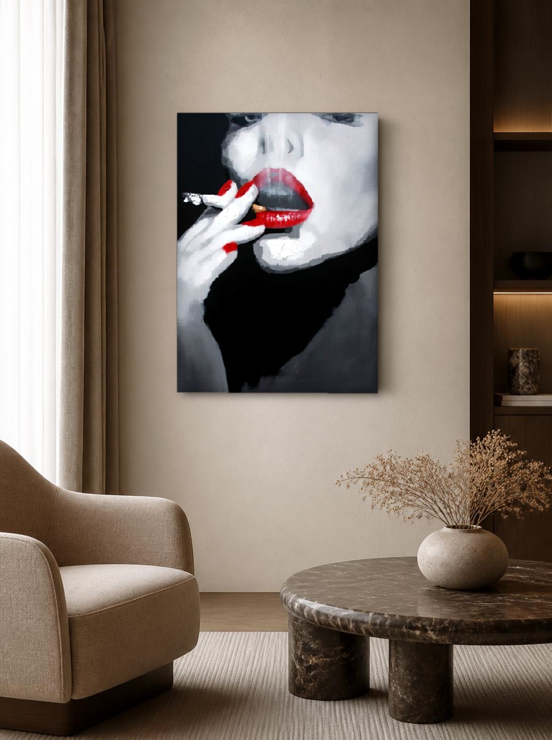 CAS1987-1 Rode Lippen, Stille Rook, Mensen & Portretten schilderij aan de muur in interieur