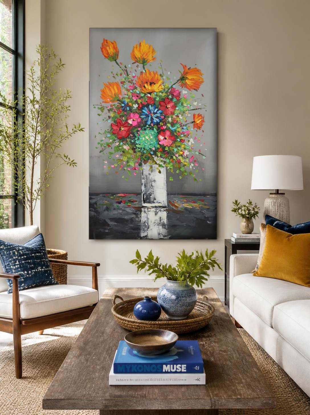 CAS2008-1 Kleurrijk Boeket in Witte Vaas, Bloemen & Stilleven schilderij aan de muur in interieur