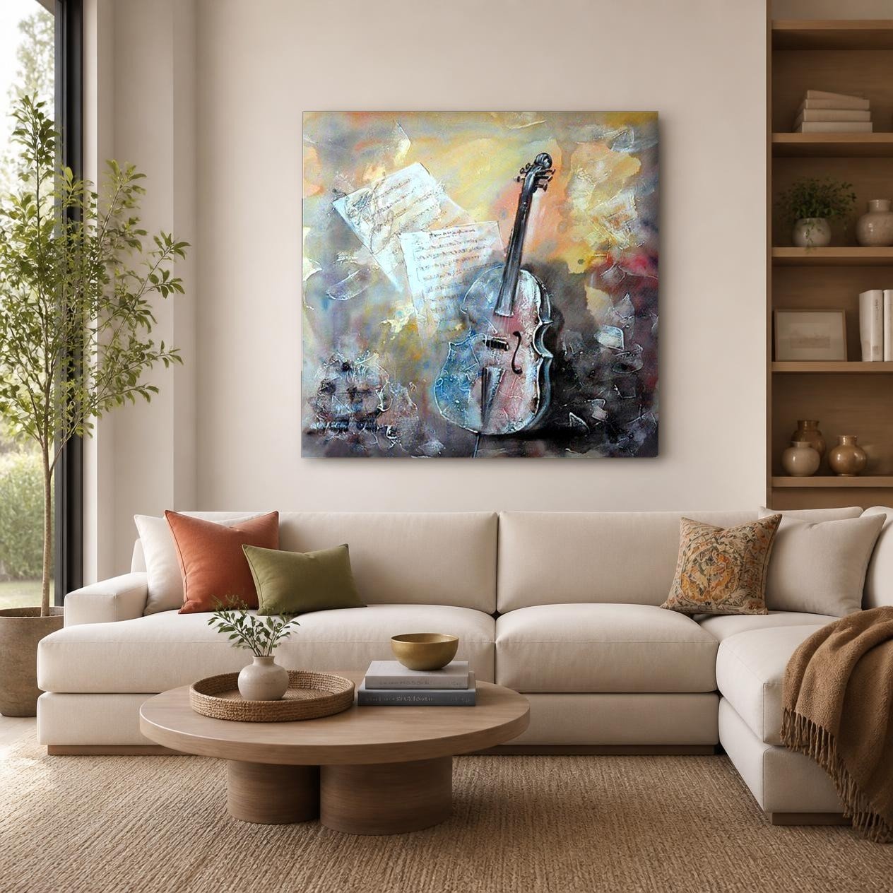 CAS201-1 Cello in warm licht, Mensen & Portretten schilderij aan de muur in interieur