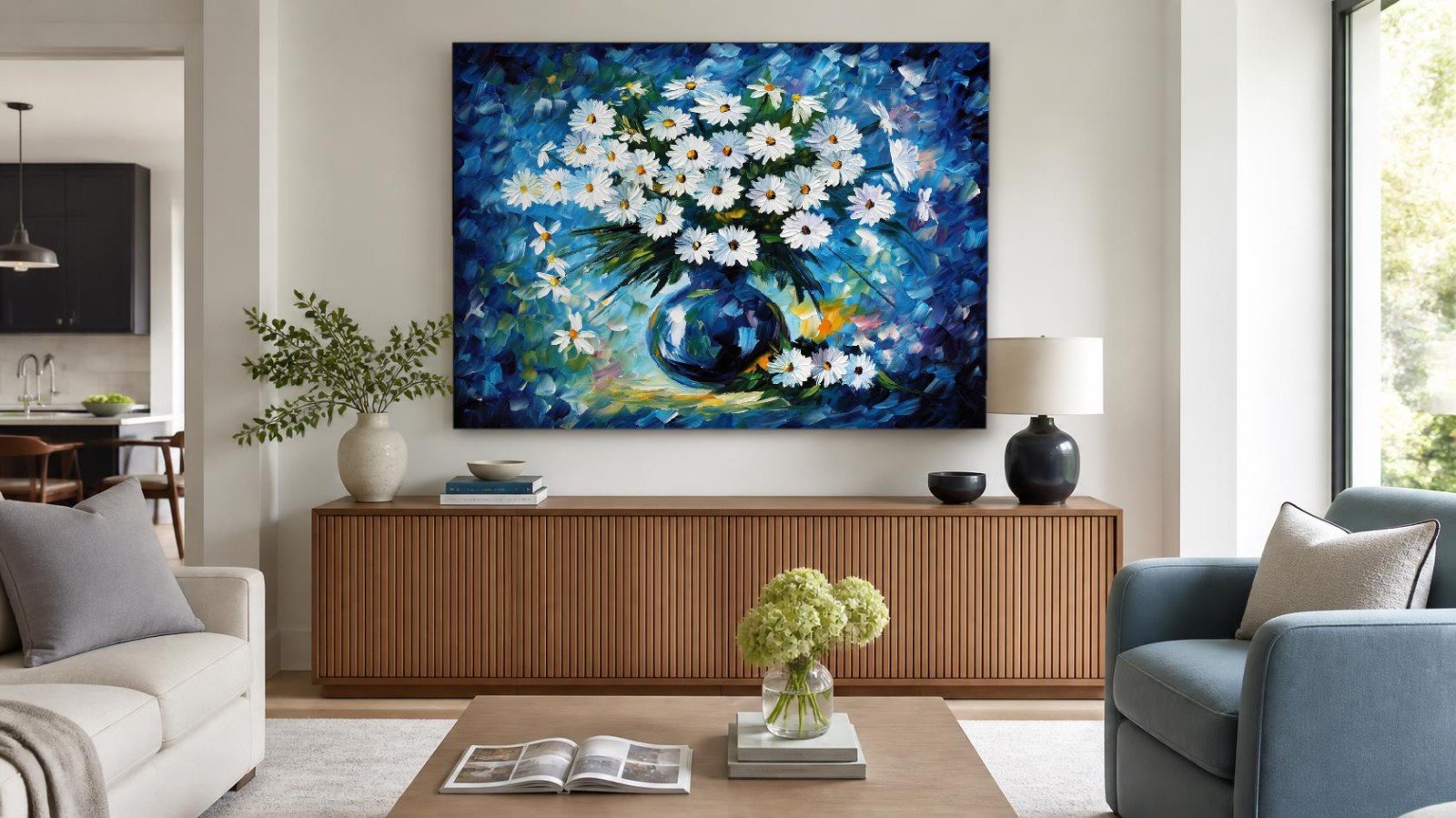 CAS2015-1 Margrieten in Blauw, Bloemen & Stilleven schilderij aan de muur in interieur