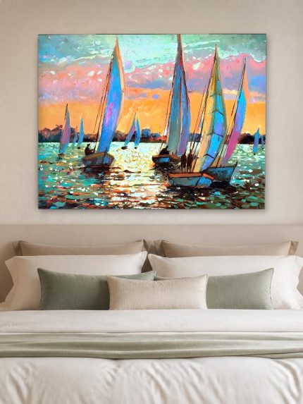 Zeilboten in Avondgloed, Natuur & Landschap schilderij aan de muur in interieur