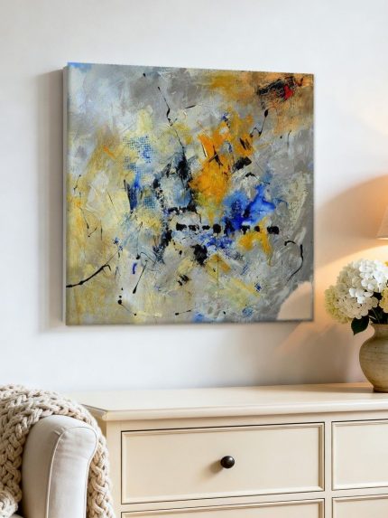 Kleurexplosie in Blauw en Oker, Abstract & Modern schilderij aan de muur in interieur