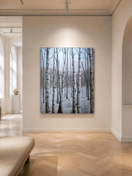 Winterse Berken in Sneeuw, Natuur & Landschap schilderij aan de muur in interieur