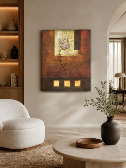 Gouden Bloesemtak in Aardetinten, Bloemen & Stilleven schilderij aan de muur in interieur