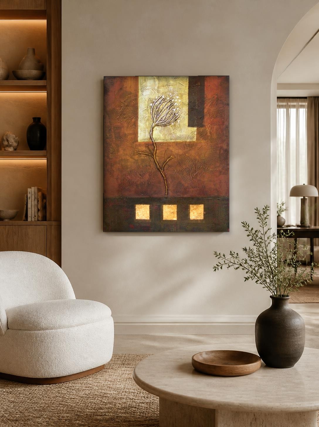 CAS2028-1 Gouden Bloesemtak in Aardetinten, Bloemen & Stilleven schilderij aan de muur in interieur