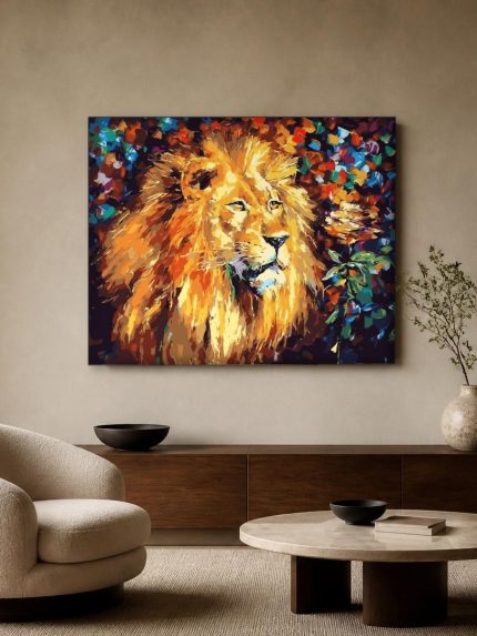 Leeuw in gouden manen, Dieren schilderij aan de muur in interieur