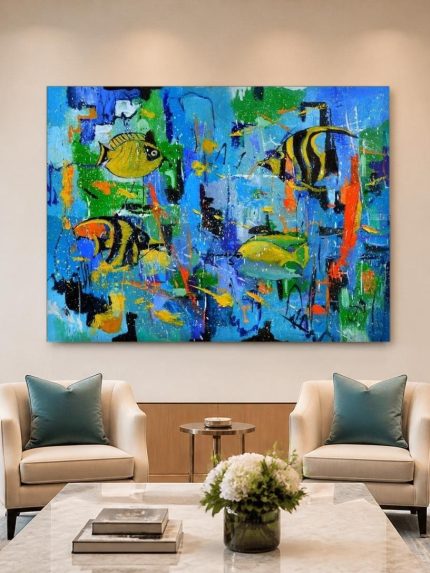 Tropische Vissenschool in Blauw, Dieren schilderij aan de muur in interieur