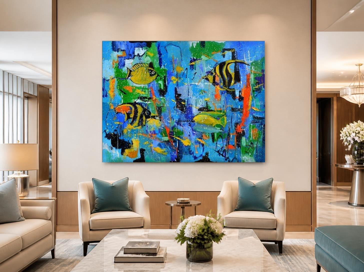 CAS2044-1 Tropische Vissenschool in Blauw, Dieren schilderij aan de muur in interieur