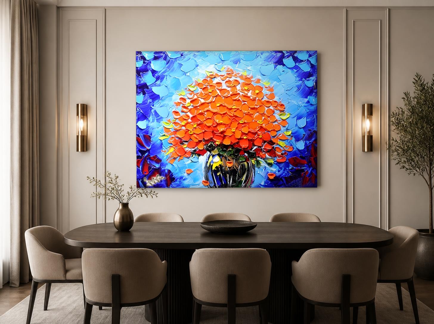 CAS2047-1 Oranje Bloesemboeket in Blauw Licht, Bloemen & Stilleven schilderij aan de muur in interieur