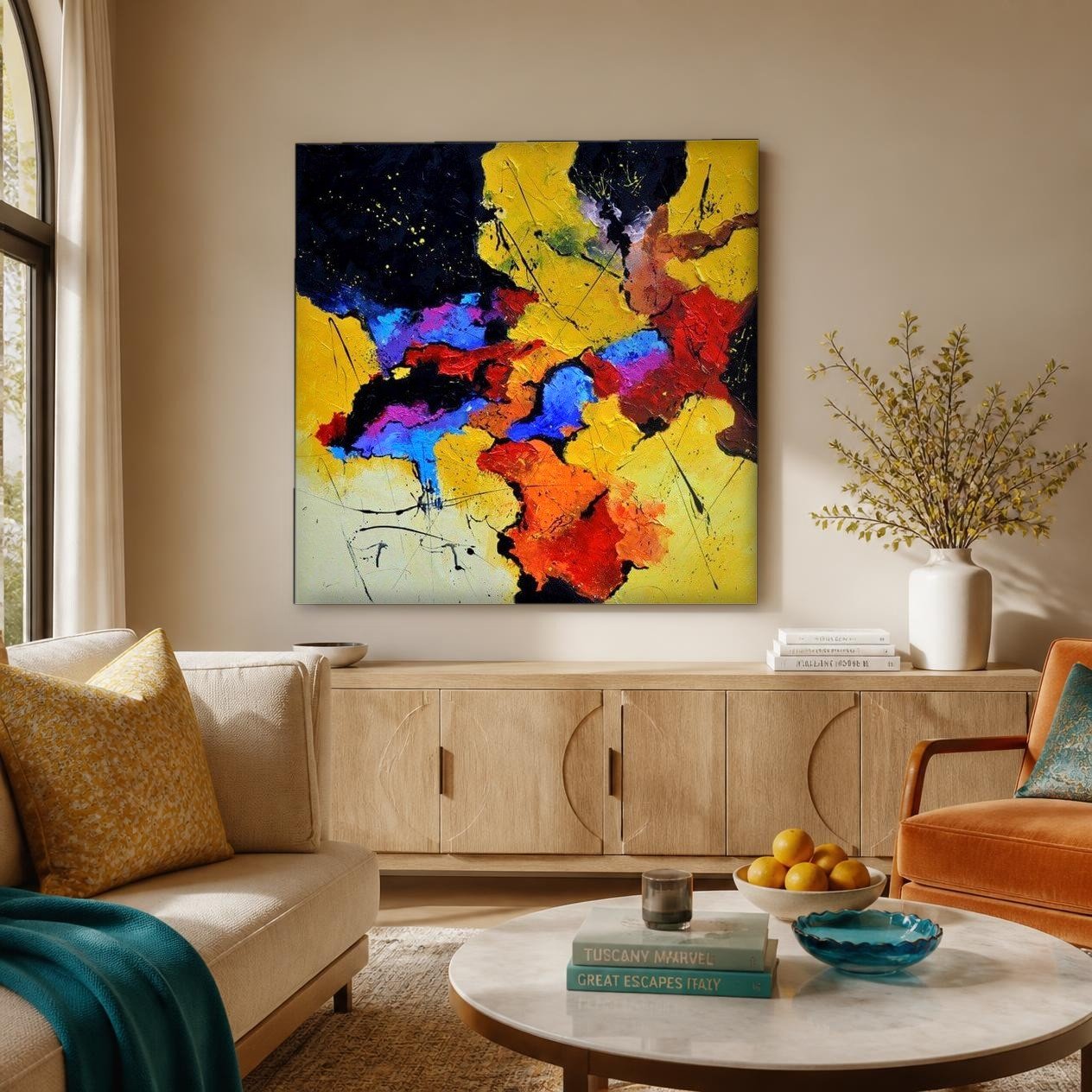 CAS2049-1 Kleurexplosie in Geel en Blauw, Abstract & Modern schilderij aan de muur in interieur