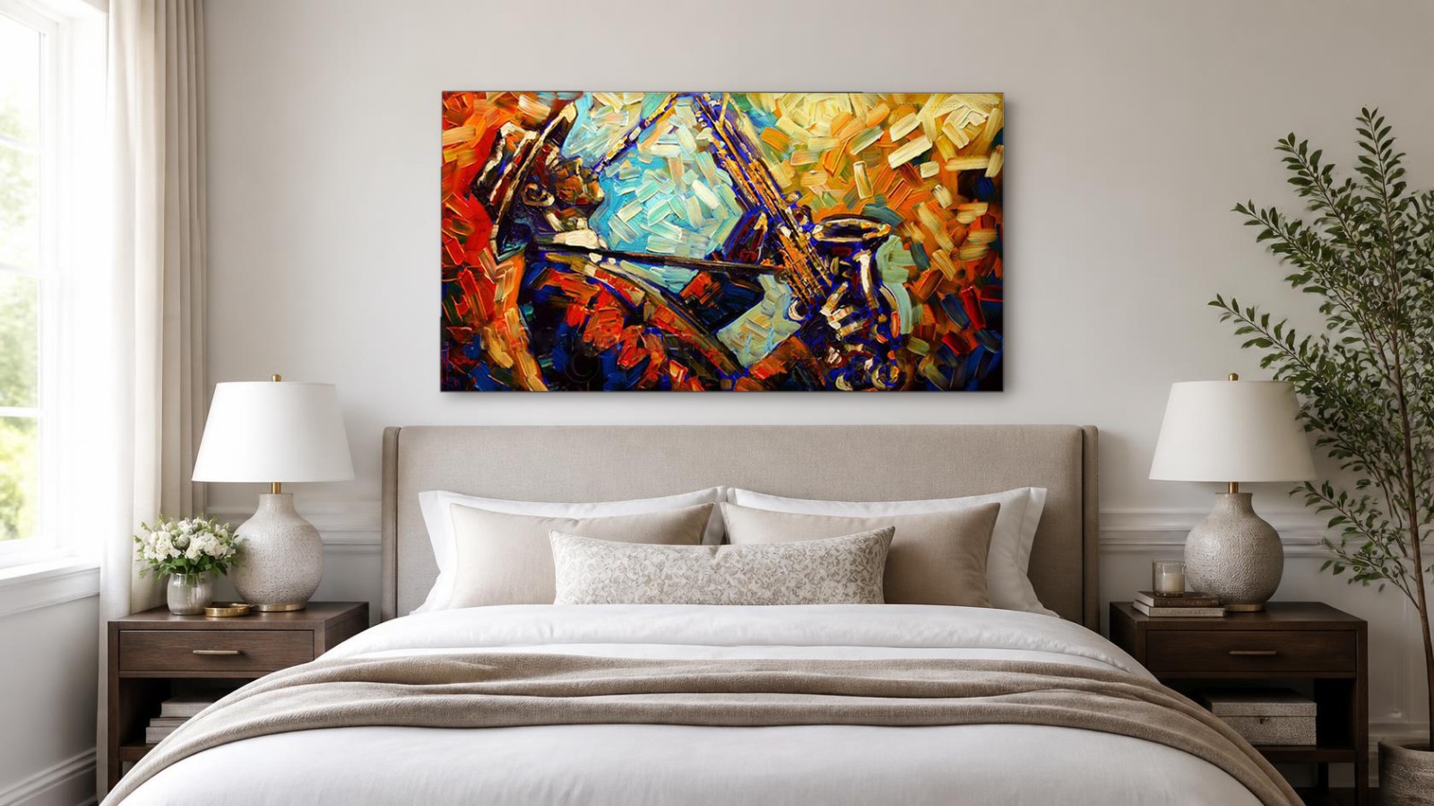 CAS205-1 Saxofonist in Vuur en Blauw, Mensen & Portretten schilderij aan de muur in interieur