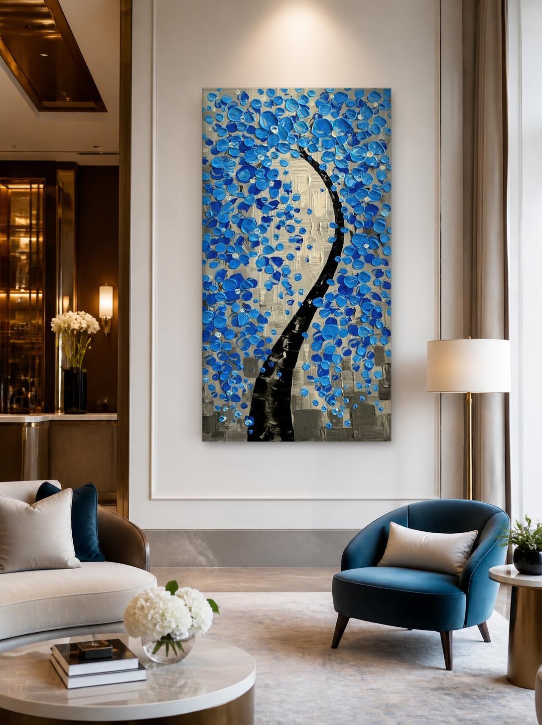 CAS2056-1 Blauwe Bloesemboom, Bloemen & Stilleven schilderij aan de muur in interieur