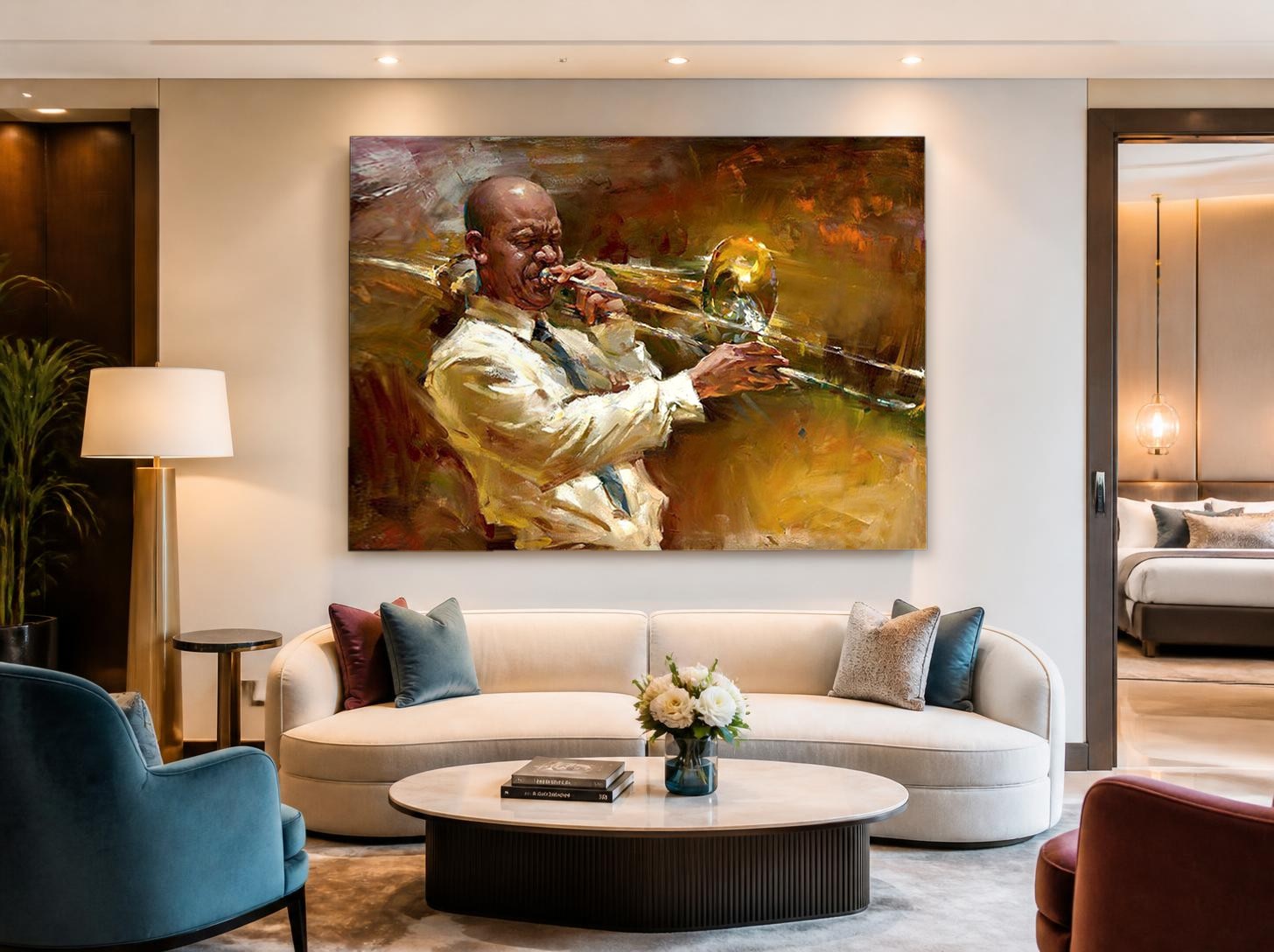 CAS206-1 Trombonist in warm licht, Mensen & Portretten schilderij aan de muur in interieur