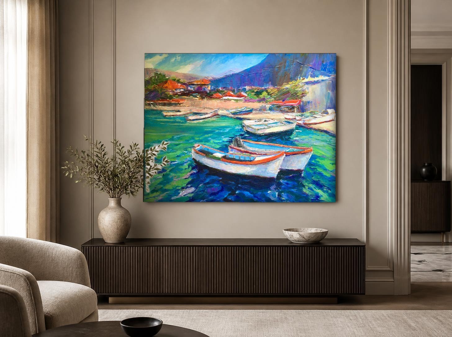 CAS2061-1 Vissersbootjes in Turquoise Baai, Natuur & Landschap schilderij aan de muur in interieur