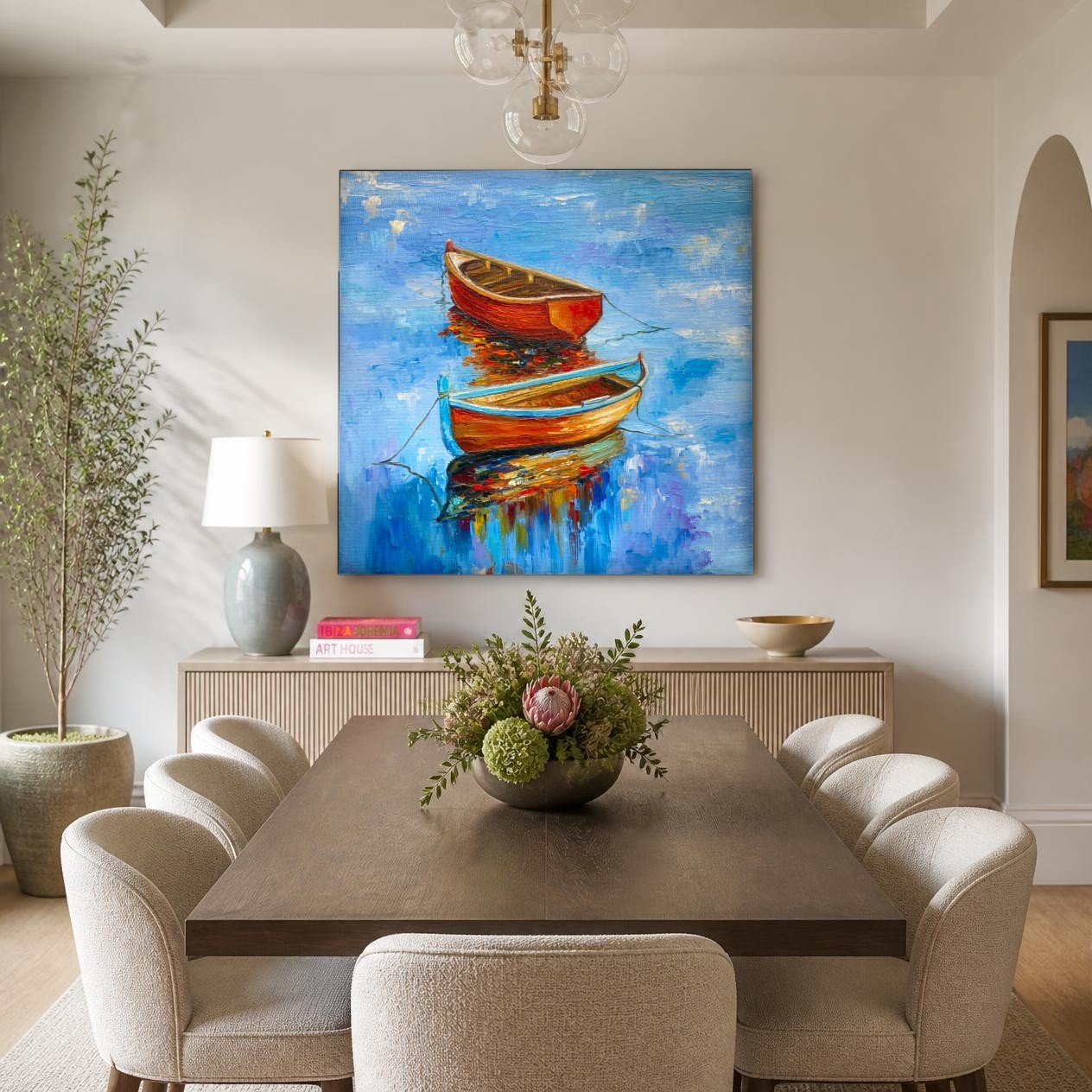 CAS2072-1 Rustende Roeibootjes op Blauw Water, Natuur & Landschap schilderij aan de muur in interieur